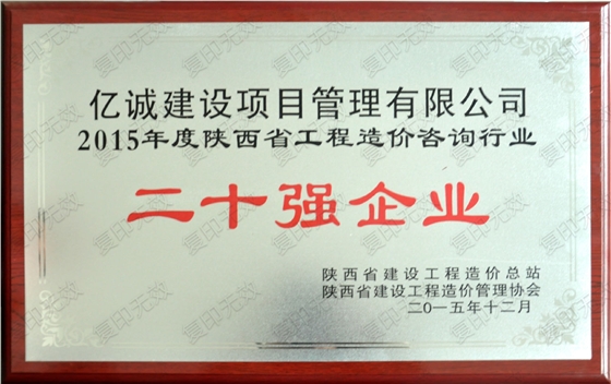 2015年度陜西省工程造價咨詢行業(yè)二十強企業(yè)